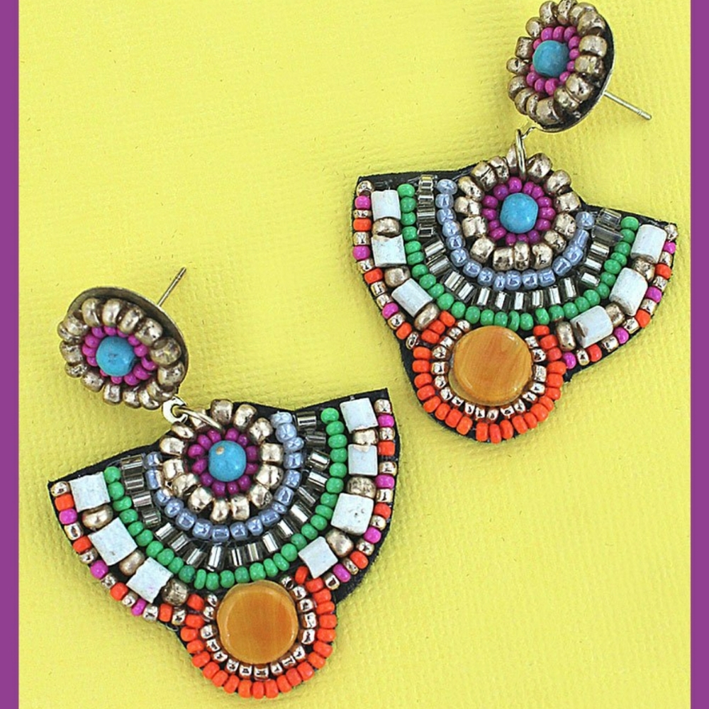 Multi beaded Festive statement Earrings Free Spirit boho People Trendy Vtg Insp